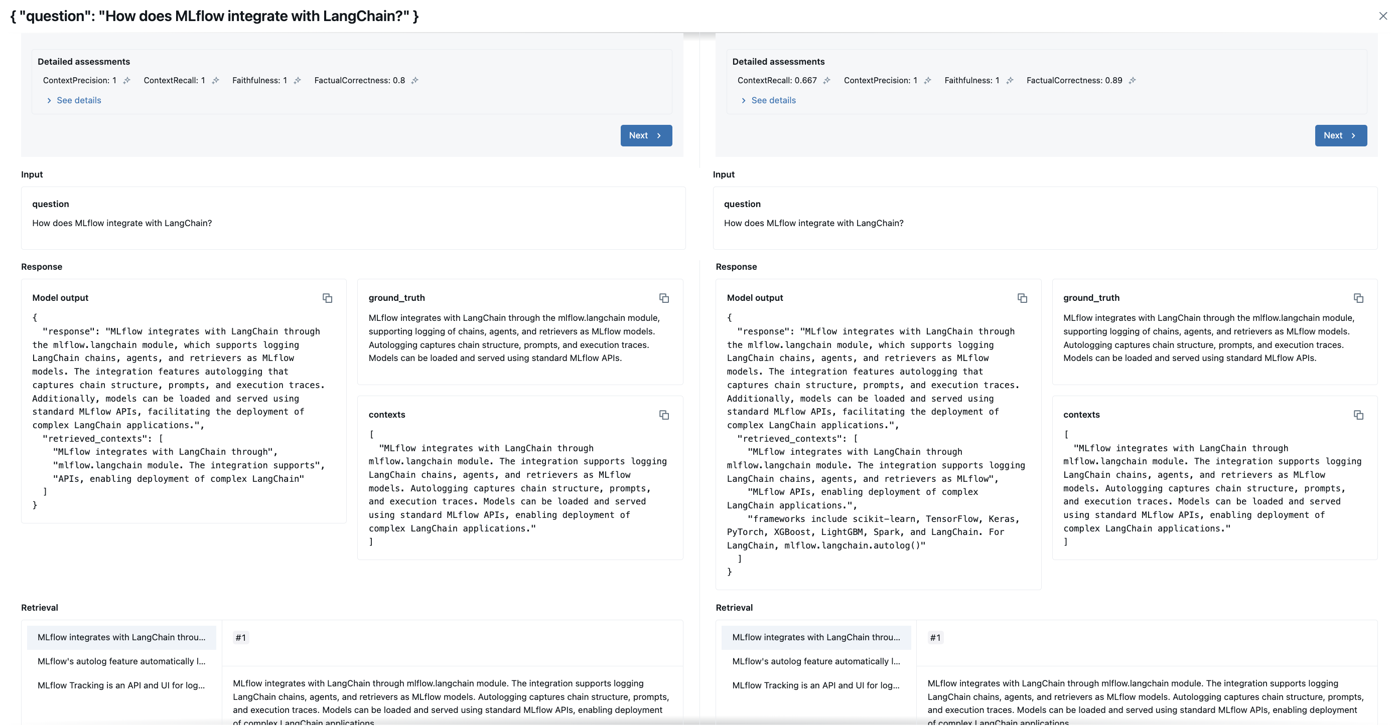 Detailed view showing metrics for each question
